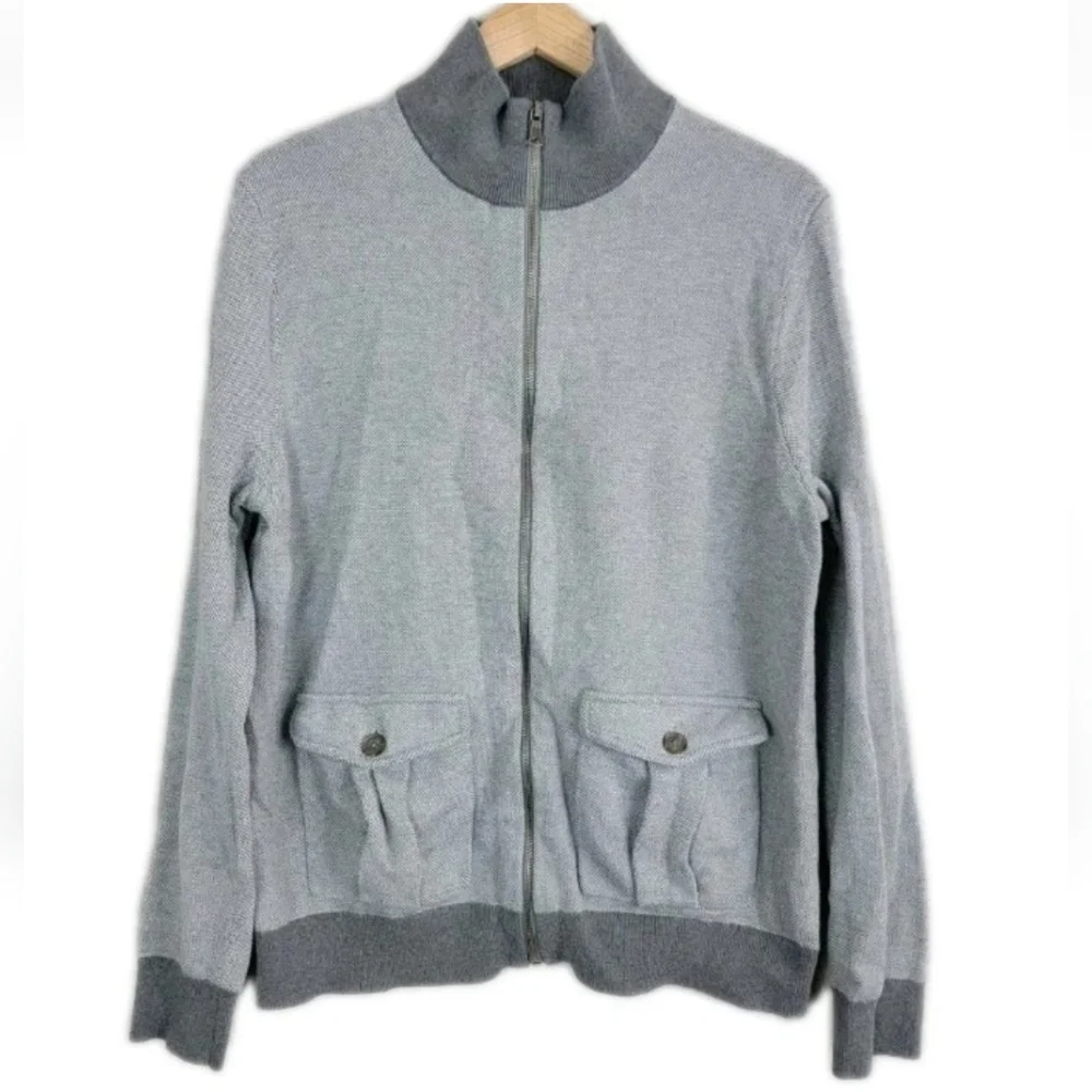 Banana Republic Cardigan Sweater XL Two Tone Gray Bird's Eye Knit Mock Neck Zip
